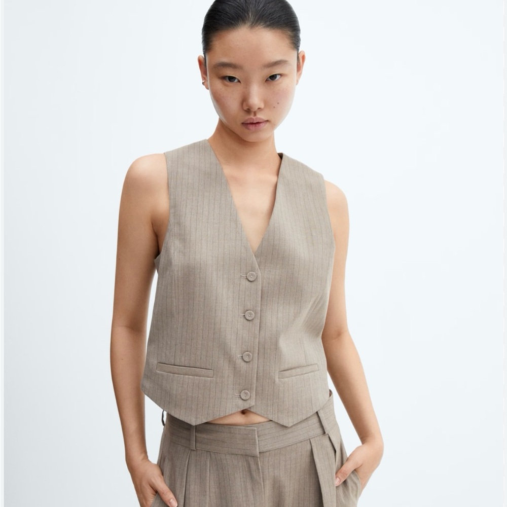 NWT Mango Relaxed-Fit Taupe Pinstripe Waistcoat
